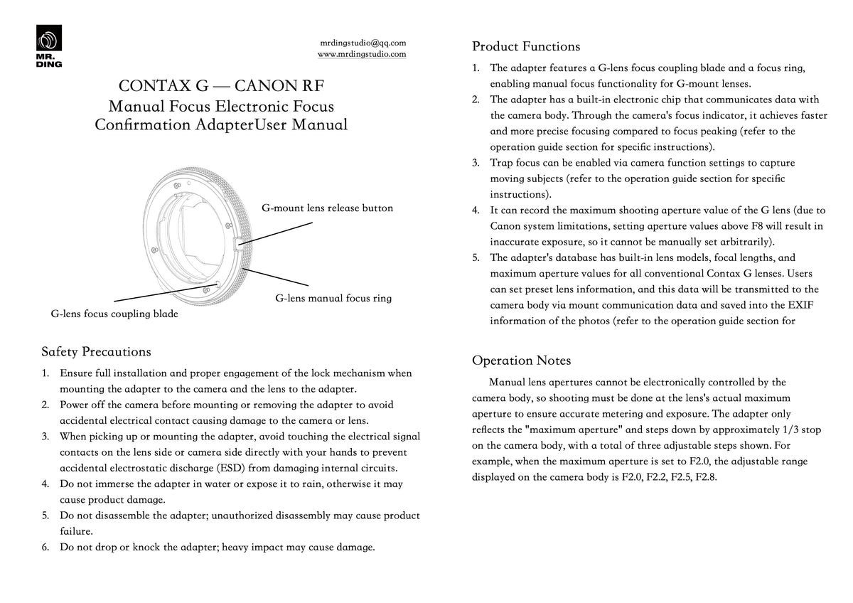 Mr. Ding Contax G to Canon RF Adapter with Focus Ring & Electronic Focus Confirmation
